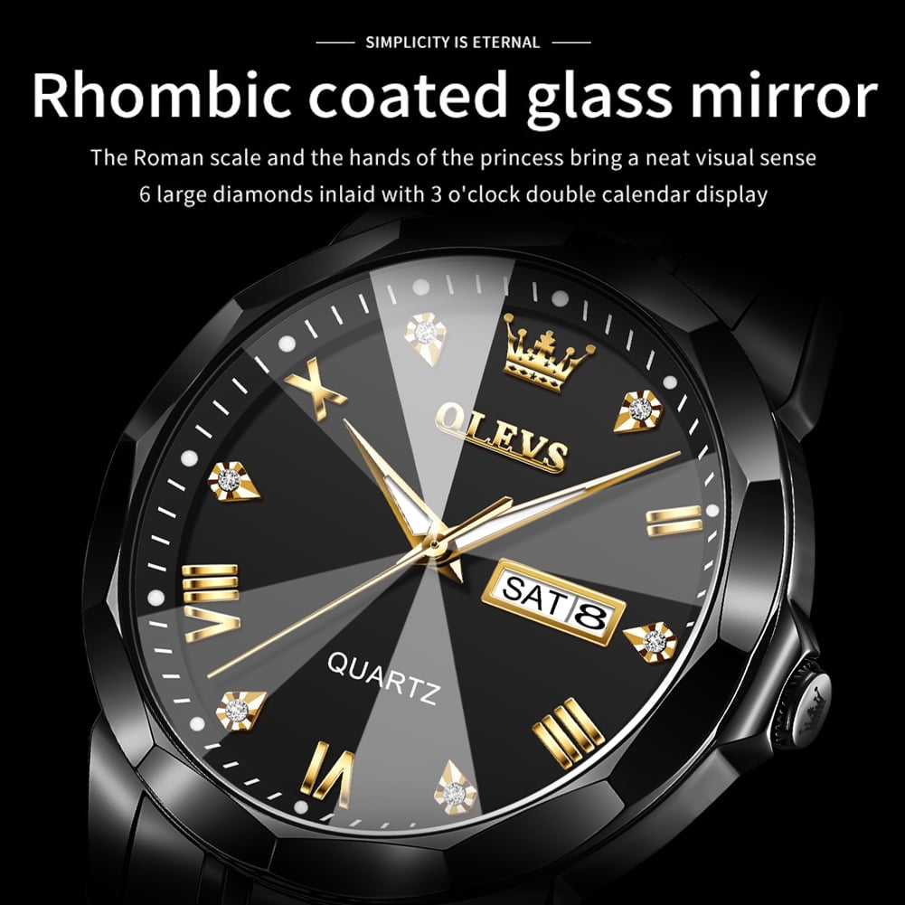 OLEVS Watch for Men Diamond Business Dress Analog Quartz Stainless Steel Waterproof Luminous Date Luxury Casual Wrist Watch Black Dial