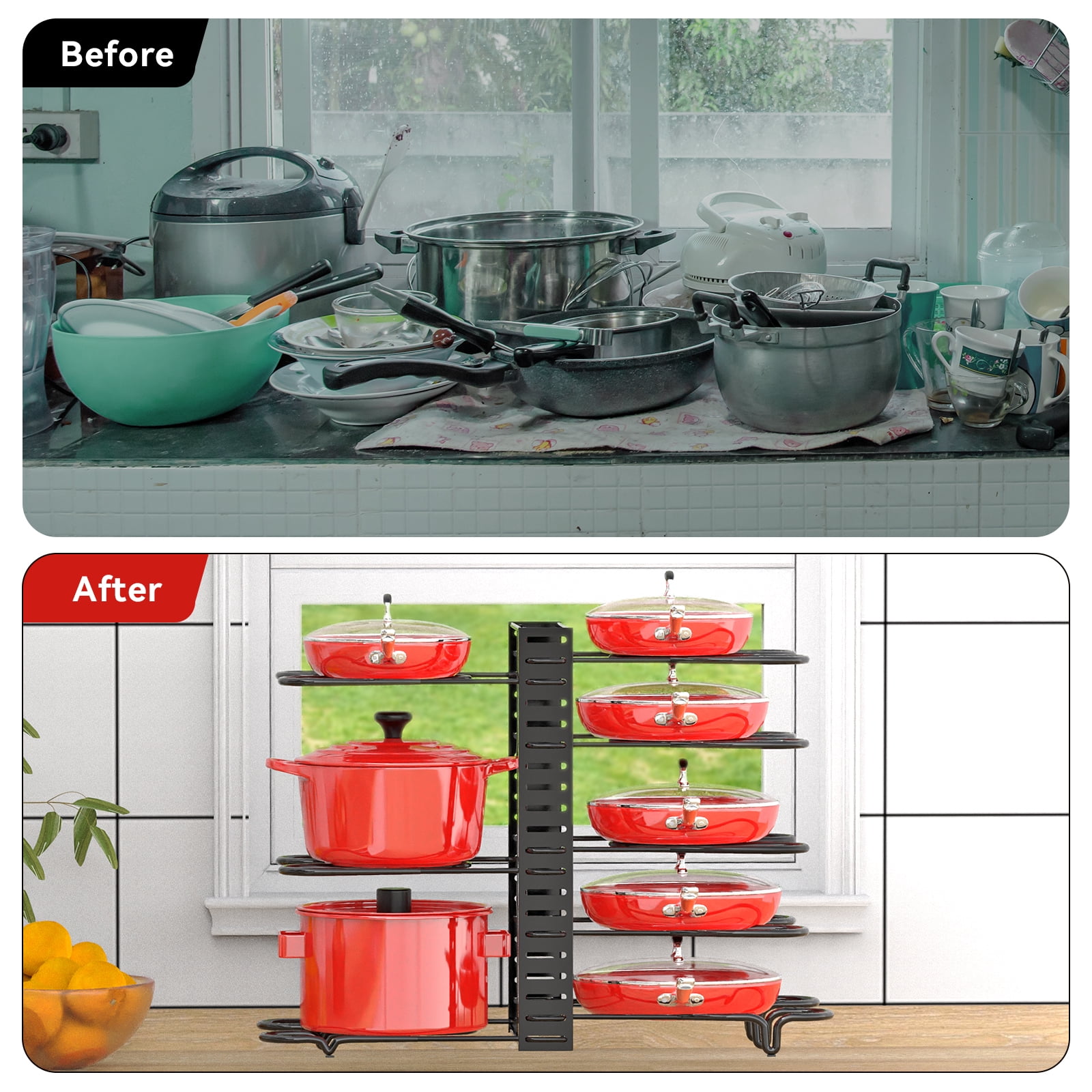 Behost 8 Tiers Pots and Pans Organizer, Adjustable Pot Rack with 3 DIY Methods for Cabinet Kitchen Organization Storage