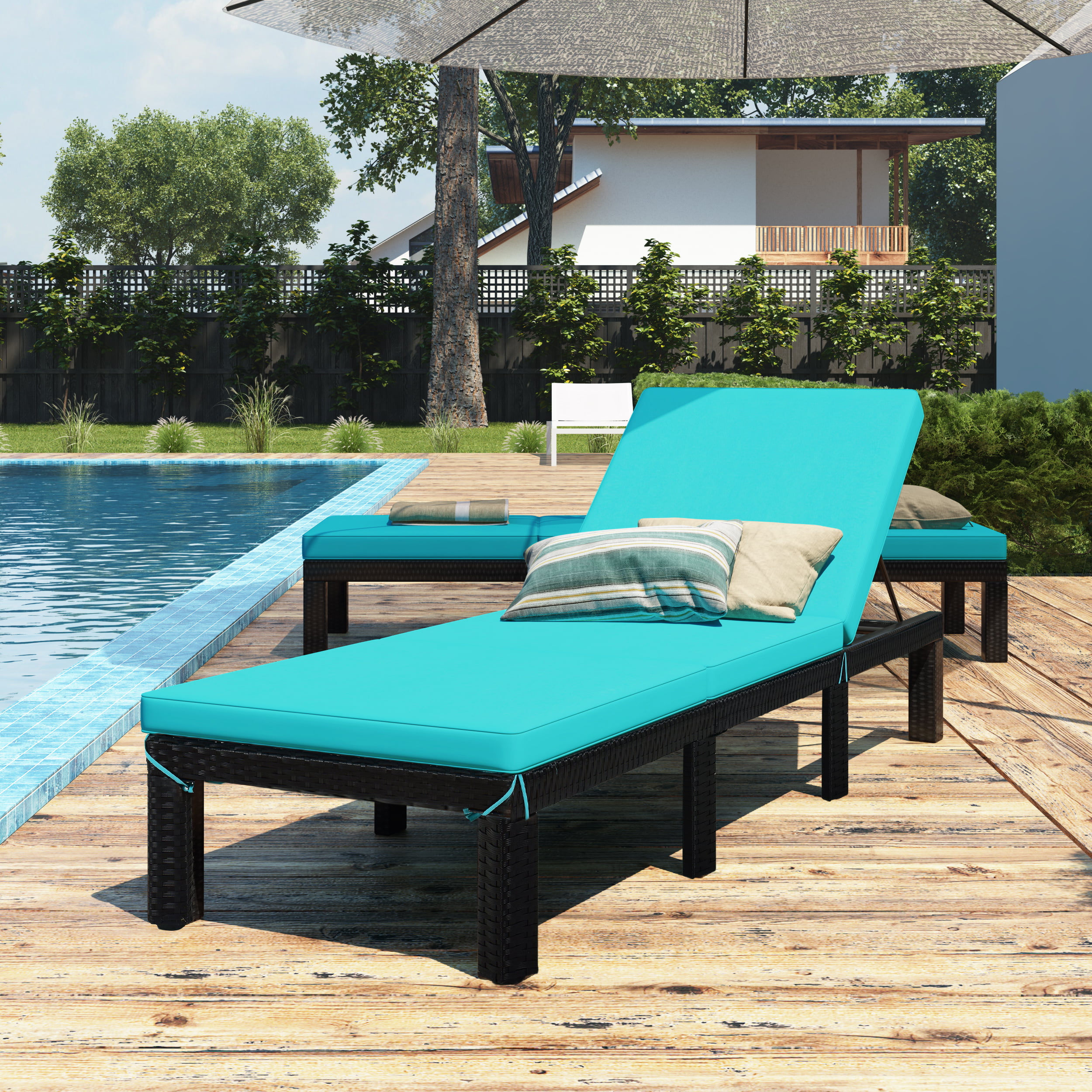 Patio Garden and Balcony Outdoor Lounge Chairs PE Rattan Chaise Loungers with Dark Grey Cushions and Adjustable Backrest for Poolside 