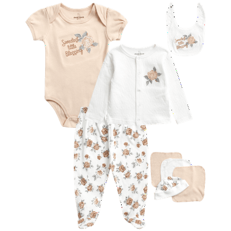 

Duck Duck Goose Newborn Baby Girls Take Me Home Layette Gift Set - 9 Piece Cardigan Bodysuit Pants Hat and Washclothes