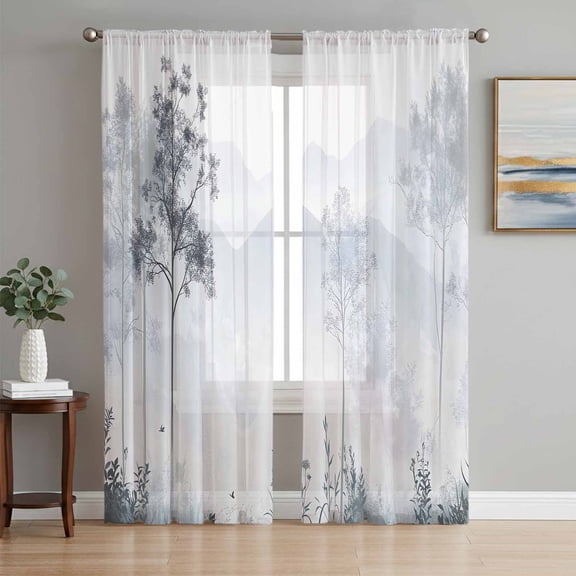 Foggy Forest Gray Sheer Curtains 96 Inch Length 2 Panels Set, Vintage Mountain Grey Tree Voile Window Treatment Semi Sheer Long Curtains Drapes for Bedroom/Living Room/Kitchen 52"x96"x2