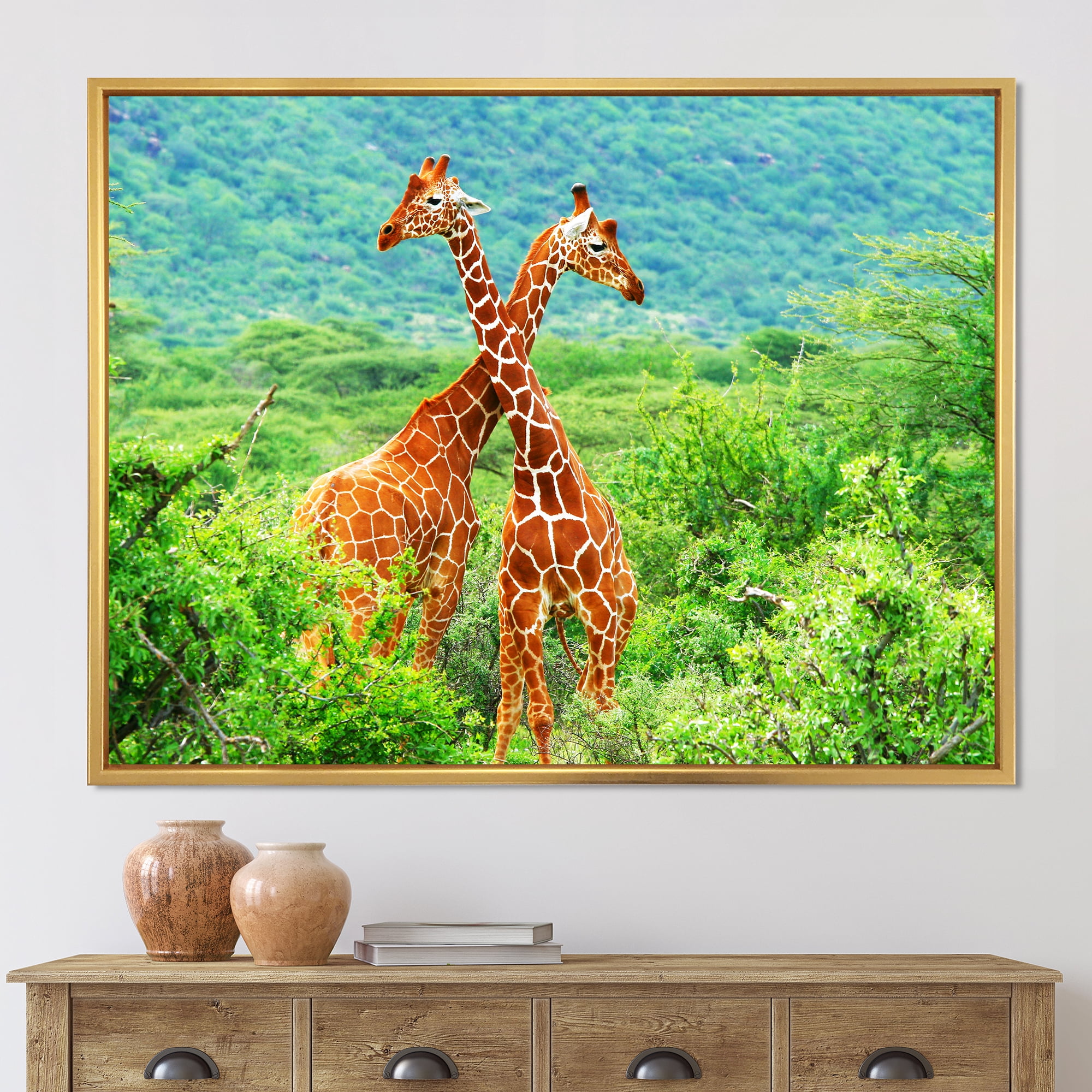 Designart 'Two Giraffes Fighting In Lush Green Wild' Farmhouse Framed Canvas Wall Art Print