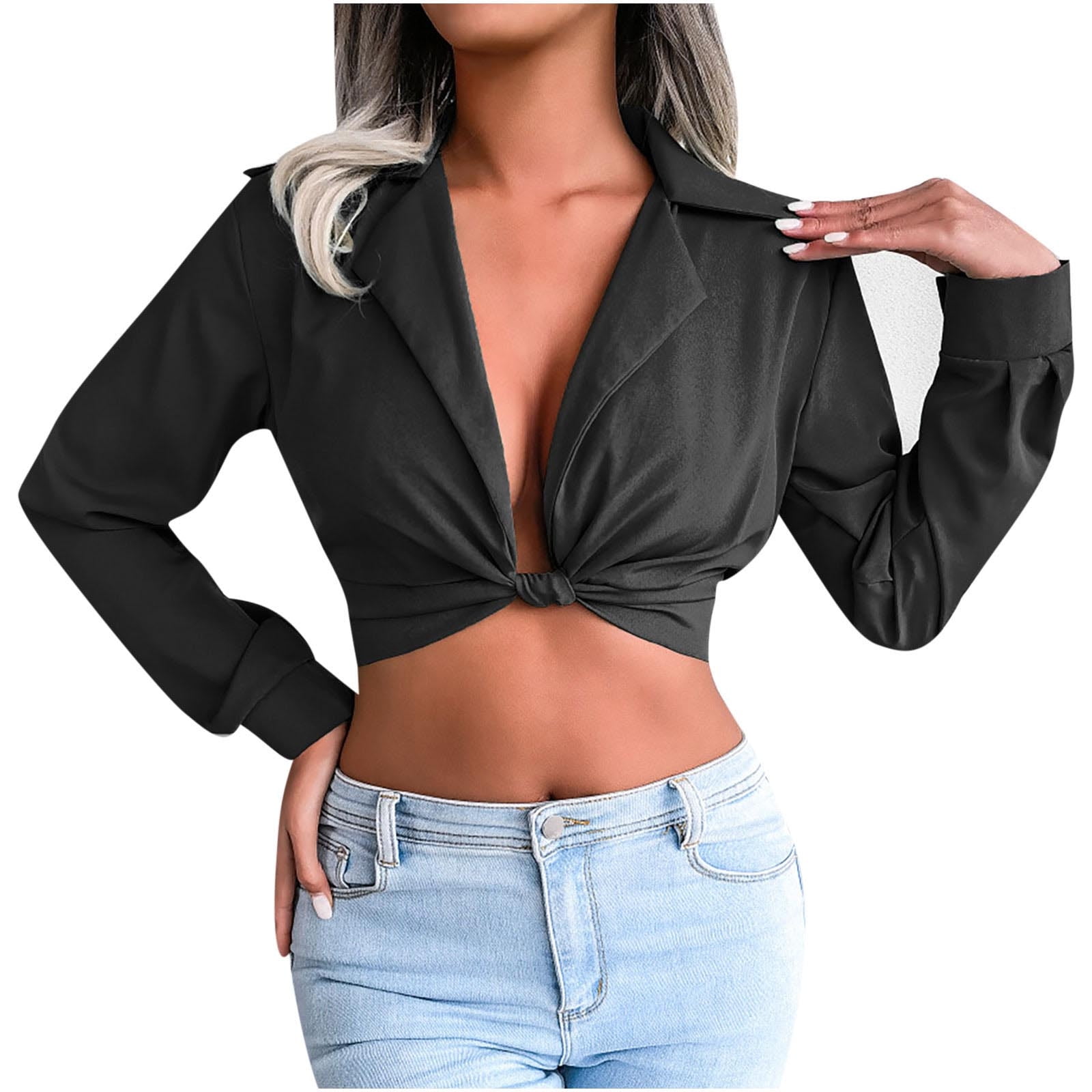 Women's Sexy Knot Front Crop Top Deep V Neck Long Sleeve Soild Color  Turndown Collar Basic Casual T Shirt Blouse Shirt Top - Walmart.com