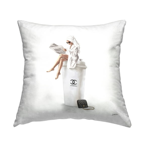 Stupell Industries Chic Fashion Coffee & Purse Female Wearing Robe Design by Ziwei Li Throw Pillow