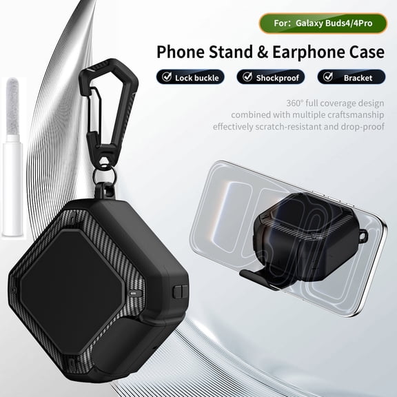 Dteck Secure Lock Case for Samsugn Galaxy Buds 4 / Galaxy Buds 4 Pro, Heavy Duty Shockproof Protective Cover with Phone Stand Carabiner,Black