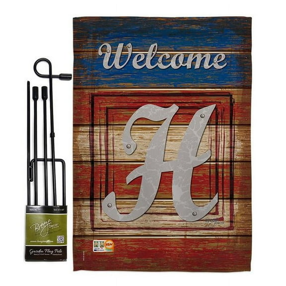 Breeze Decor BD-PA-GS-130112-IP-BO-D-US14-BD 13 x 18.5 in. Patriotic H Initial Americana Impressions Decorative Vertical Double Sided Garden Flag Set with Banner Pole