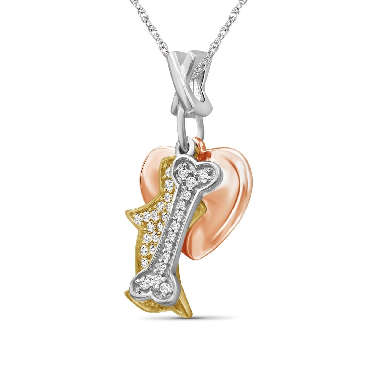 JewelersClub 1/3 Carat T.W. White Diamond Three Tone Sterling Silver Dog, Bone & Heart Pendant
