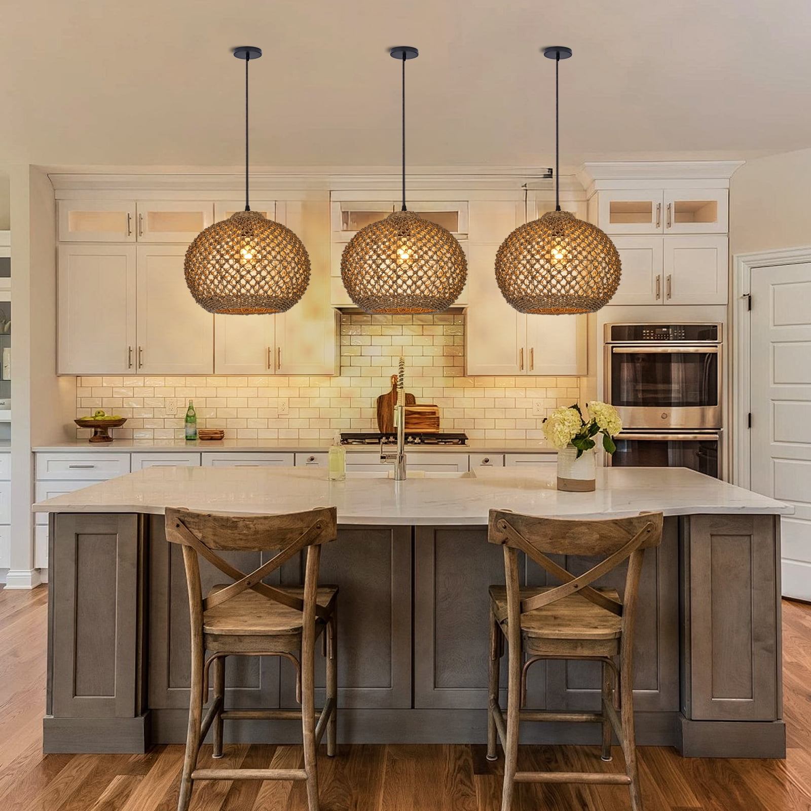 LittleGlovo Boho Rattan Pendant Light With 3-Light Hand Woven Wicker Design, Natural Seagrass Chandelier For Dining Room, Living Room, Bedroom, Kitchen, And Farmhouse Decor