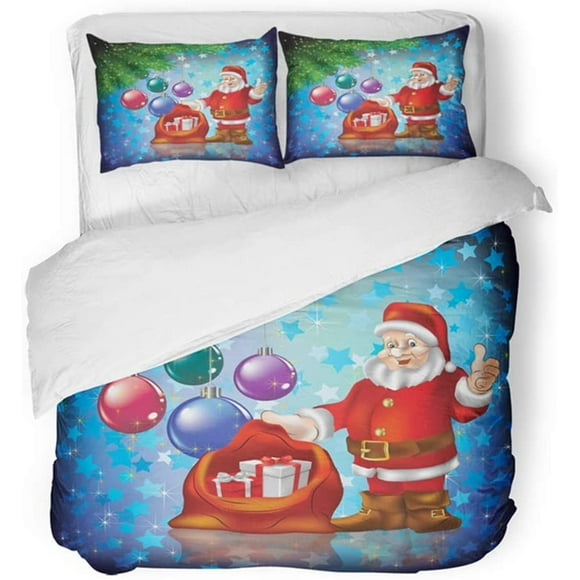 RYLABLUE 3 Piece Bedding Set Red Ball Abstract Christmas Greeting with Santa and On Blue Box Celebration Claus Twin Size Duvet Cover with 2 Pillowcase for Home Bedding Room Decoration
