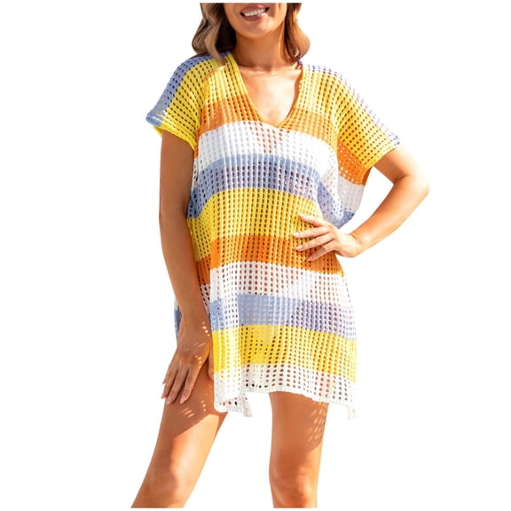 LIaqionyy Women's Swimwear Beach Bikini Swimsuit Color Block Cover up Crochet Striped Side Split Mini Dress