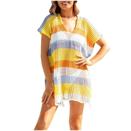 Virmaxy Womens Cover Ups Clashing Color Hollow Out Split Knit Beach Bikini Cover Ups Dress Cover Ups Bathing Suit Cover Up For Beach Pool Swimwear Crochet Dress Yellow One Size