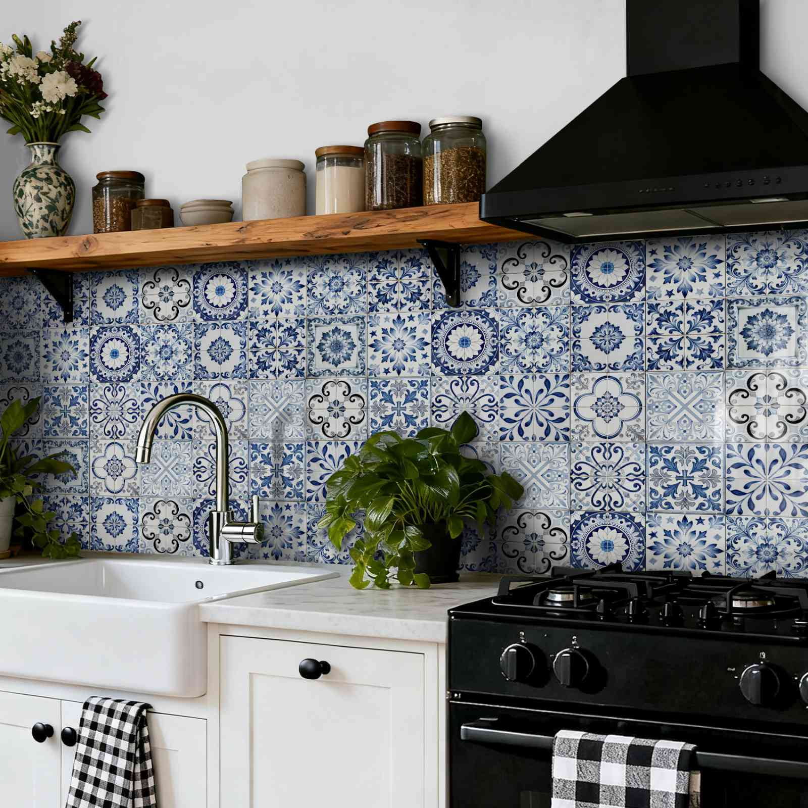 24PCS Mediterranean Style Peel and Stick Wall Tile Decals - 6"x6" Vintage Waterproof Vinyl Moroccan Bohemian Stickers for Kitchen Backsplash, Bathroom, Stair Riser Decor