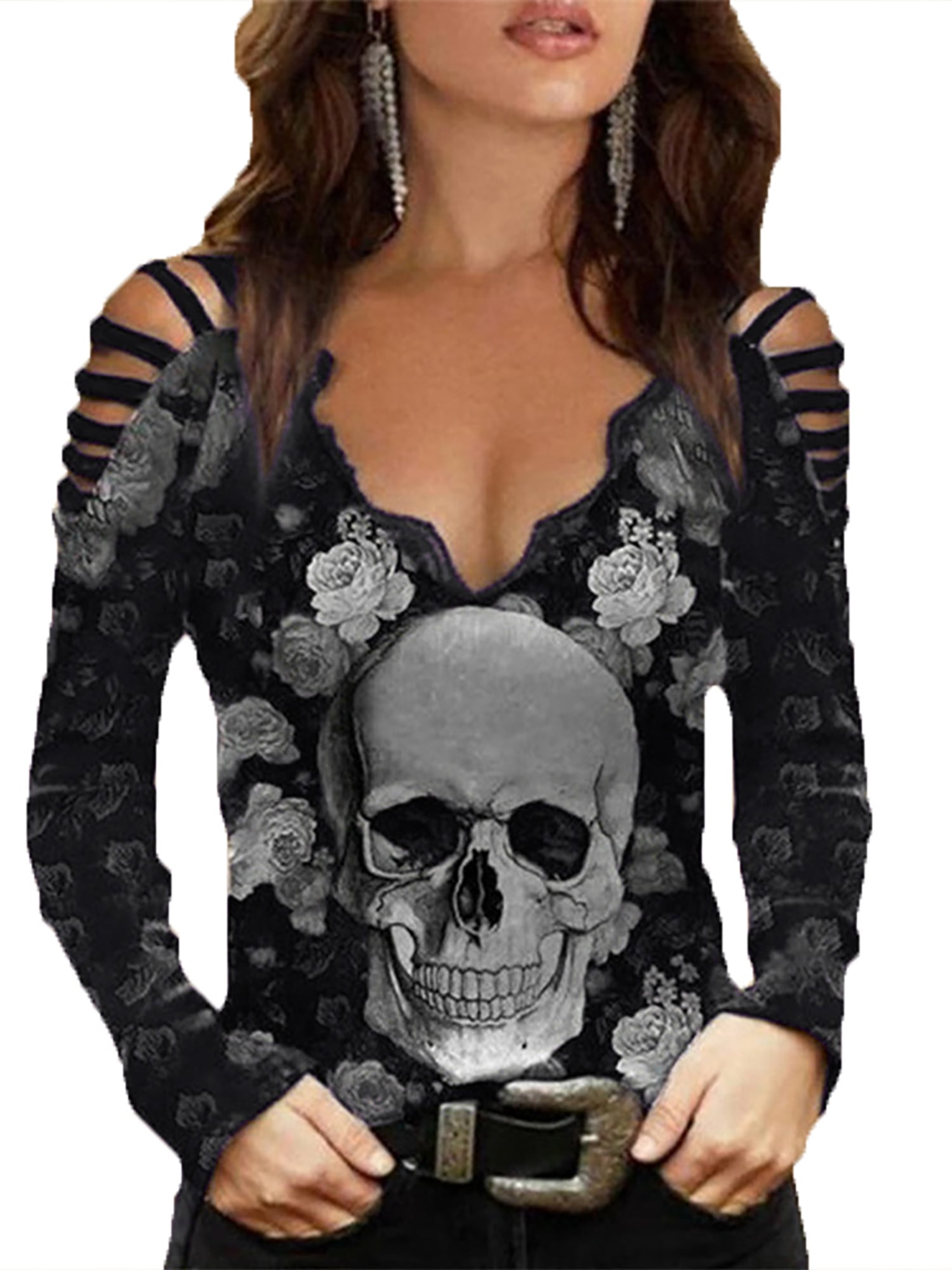 Casual Tee Top for Women,Zipper V-Neck Off Shoulder Swing Flowy Blouse Halloween Skull Print Lace Sleeve Loose Top 