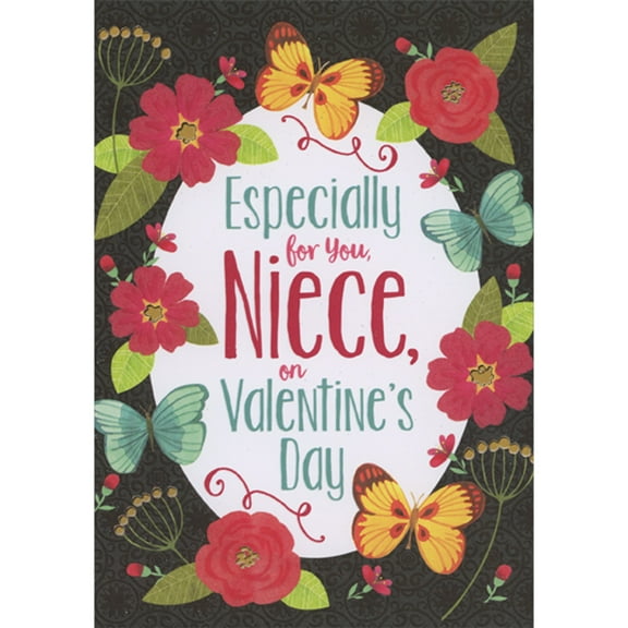 Designer Greetings Red Flowers and Yellow and Blue Butterflies Around White Oval on Dark Background Valentine's Day Card for Niece