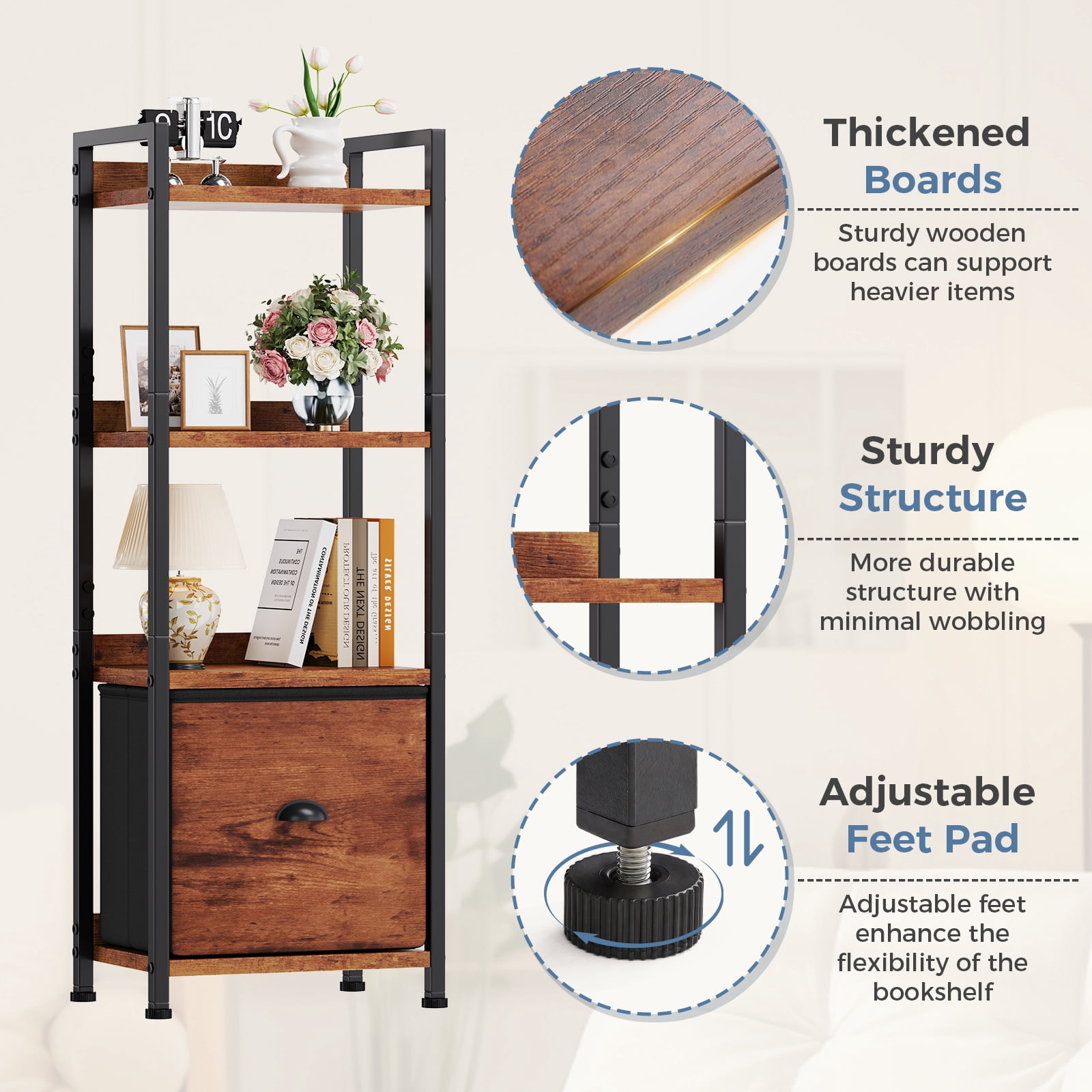Gianna 4 Tier Bookshelf with Drawer, Tall Narrow Bookcase Storage Organizer, Wood and Metal Industrial Display Standing Shelf Unit for Bedroom Living Room Office, Rustic Brown