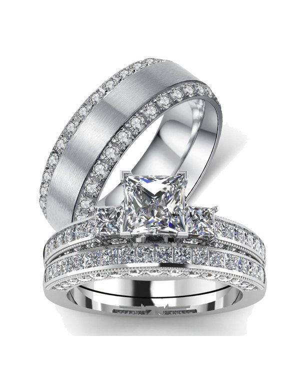 His and Hers Wedding Ring Sets Couples Rings 10kt White Gold Plated White Cz Titanium band