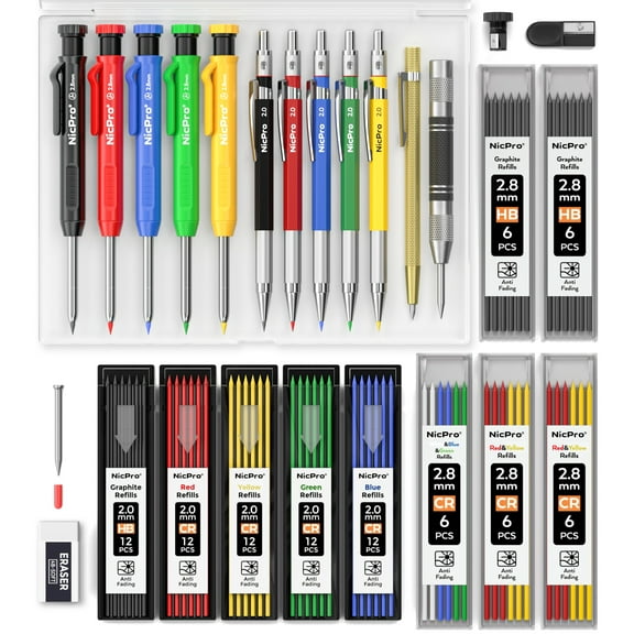 Nicpro 27 Pack Carpenter Pencils for Woodworking, Construction Mechanical Pencil with 100 Refill, Automatic Center Punch and Carbide Scribe Carpenter Tool, Construction Pencil