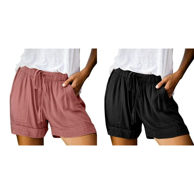 (2-Pack) Rinsvye Womens Shorts High Elastic Linen Shorts for Women Waisted Pleated Ruffle Cute Womens Bike Shorts Beach Flowy Casual Long Shorts for Women Shorts