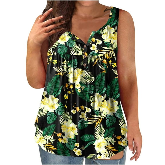 Shldybc Plus Size Tank Tops for Women Casual Floral Print Sleeveless V-Neck with Button Loose Tank Tops T-Shirt Blouse on Clearance