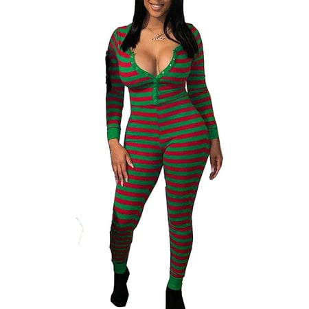

Women Christmas Jumpsuits Long Sleeve V-Neck Romper One Piece Bodysuit Loungewear Striped Pajamas Outfit