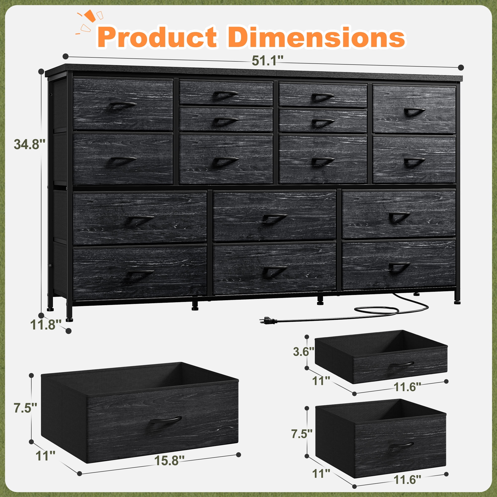 Romorgniz Black Dresser for Bedroom with 16 Drawers for Closet Fabric Dressers & Chests of Drawers TV Stand with Charging Station