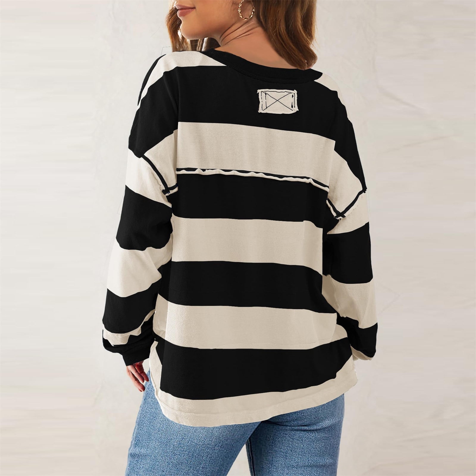 synound Women Striped Color Block Oversized Sweatshirt Crew