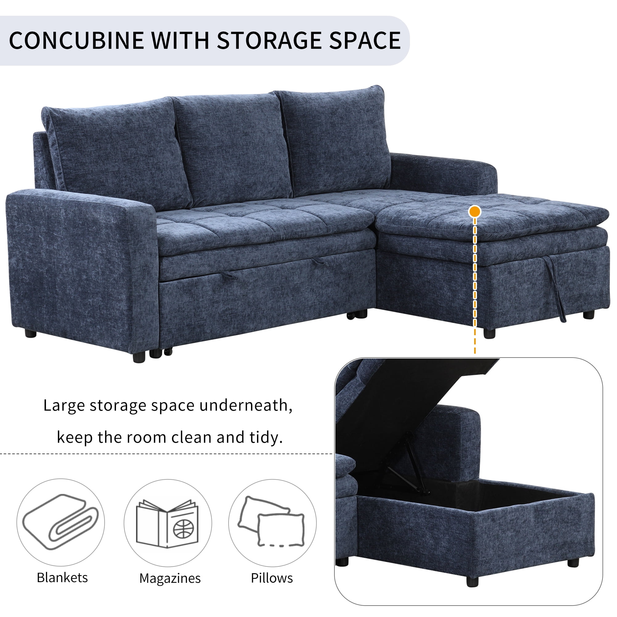 MAYEERTY Soft Upholstered Sectional Sofa Bed - Storage Included, Ideal for Living Rooms/Apartments,Blue