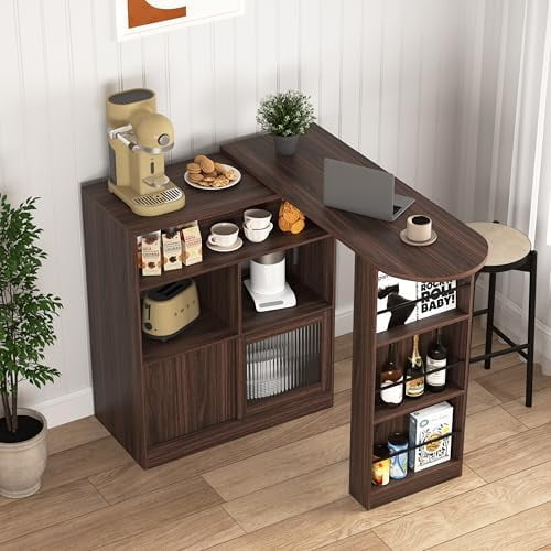 Modern Bar Cabinet with Rotating Top & Storage - Extendable Bar Table with 6 Storage Spaces, 2 Glass Doors & 3 Shelves for Kitchen, Living Room, Dining Room(Walnut)$$Home Decor, Kitchen, & Other
