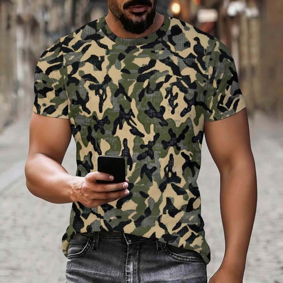 Ceisia Men's Pixelated Camouflage Print Crew Neck T-Shirts, Stretchy Breathable Casual Short Sleeve Tops Gifts