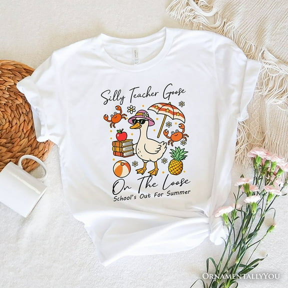 Last Day Teacher Goose T-Shirt, Tropical Summer Break Navy, White, and Natural Tee for Fun and Quirky Educators