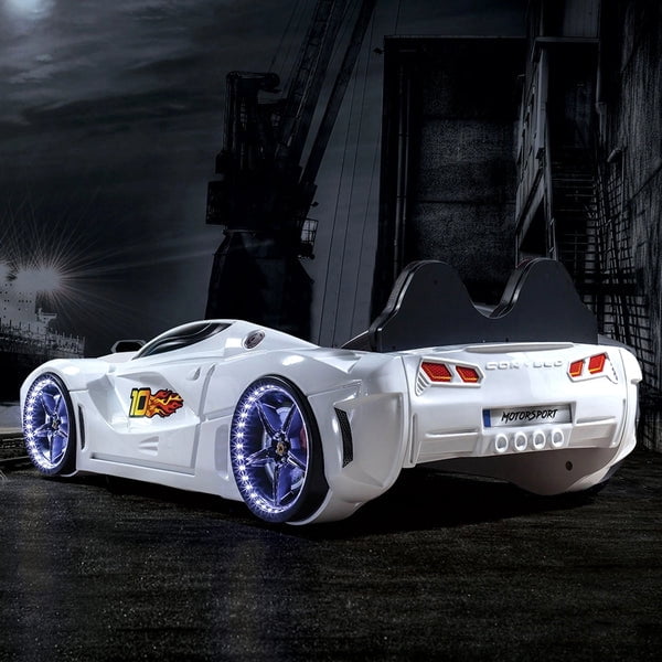 GTM Twin Race Car Bed for Kids with LED Headlights, Sound FX, Remote Control and Realistic Design, Sturdy and Fun Sleep Solution