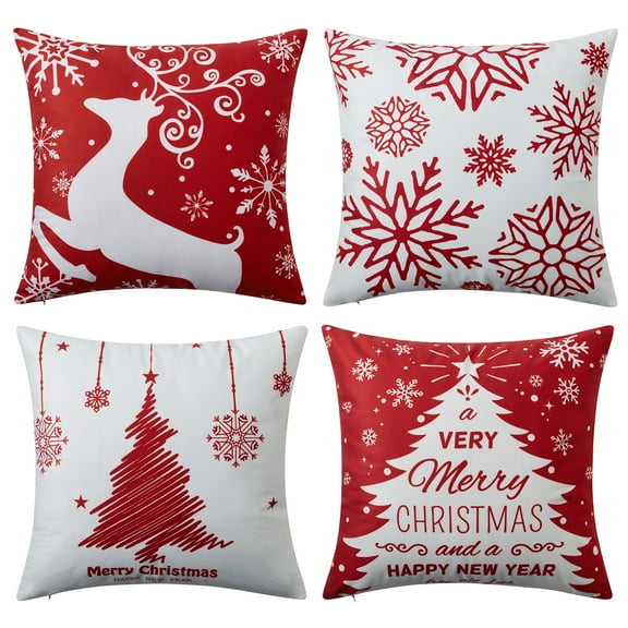 Christmas Decorations Throw Pillow Covers, Set of 4 Throw Pillow Cases with Holiday Decor, 18x18inch, Red