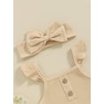 thumbnail image 4 of Argulvti Infant Baby Girls Summer Solid Color Ribbed Romper and Elastic Ruffles Shorts Headband Casual Set, 4 of 8