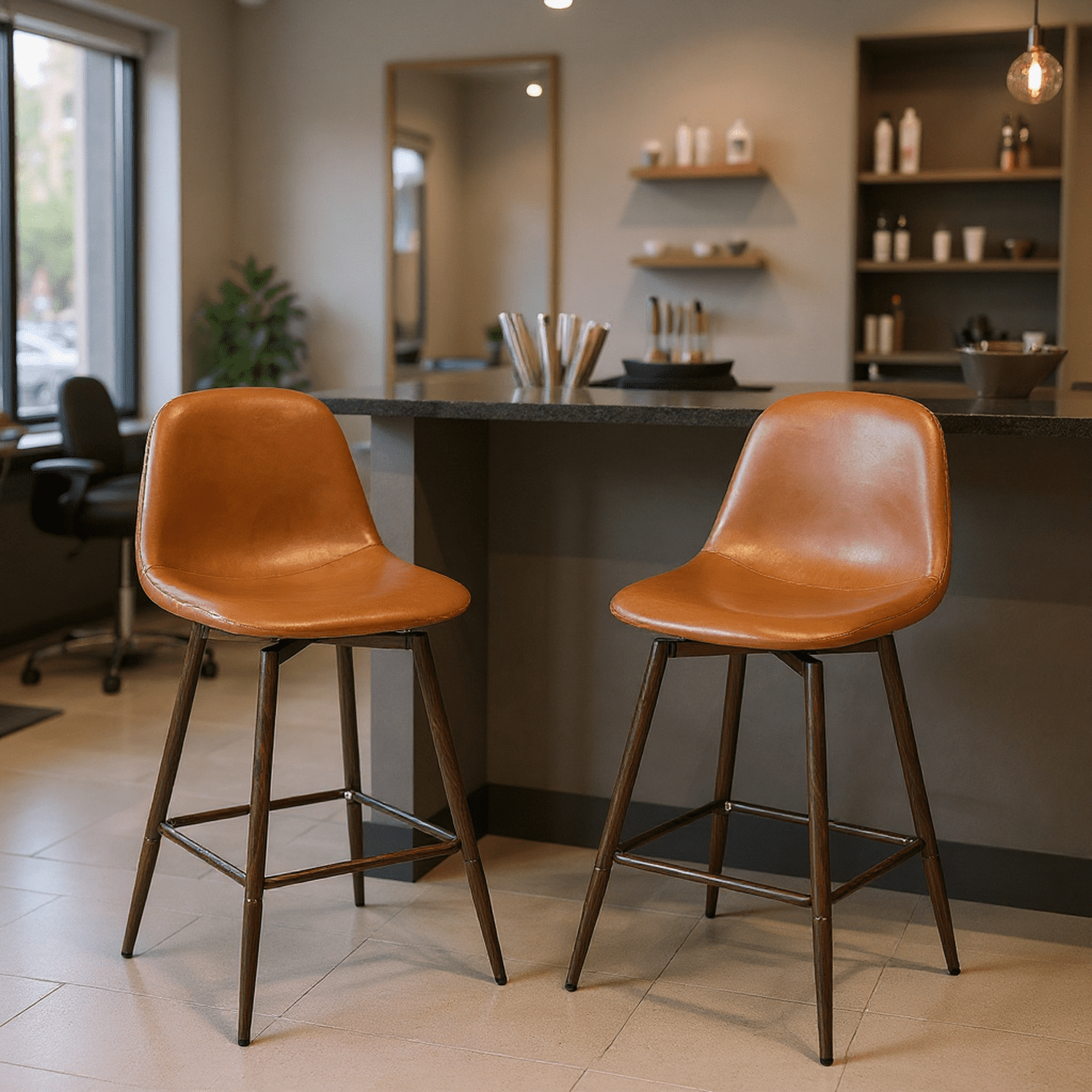 Homy Casa Modern Set of 4 Bar Stool with 360 Swivel, Upholstery Adjustable Metal Legs, Cognac