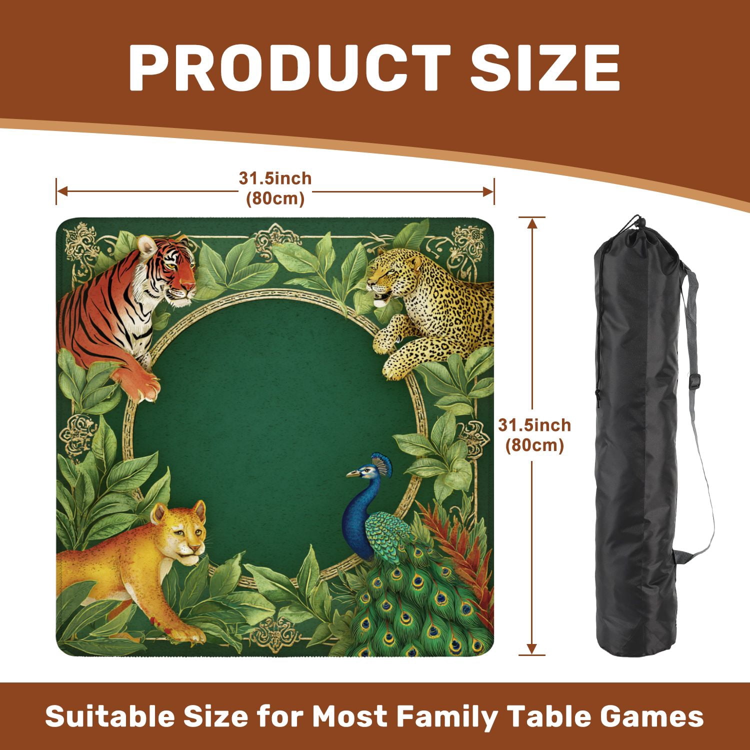 Mahjong Mat 31.5" x 31.5" Wildlife Jungle Scene Tiger Leopard Lion Peacock Greenery Non-Slip Noise Reduction American Mahjong Tiles Table Cover for Dominoes Poker Card Board Games Gift