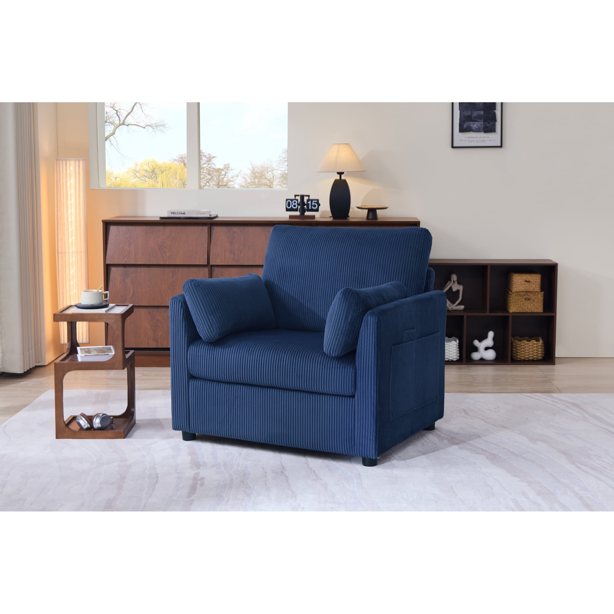 Leumius Corduroy Accent Chair, Modern Upholstered Single Sofa Armchair with 2 Pillows and Side Storage Pockets,Comfy Oversized Reading Chair for Living Room, Bedroom, Apartment,Gray