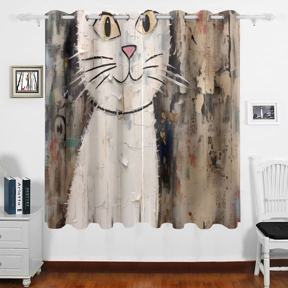 White Cat in Wall Curtains Black Out 63 Inch Length Curtains for Sliding Glass Doors Bedroom Living Room 2 Panels Set