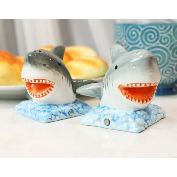 Ceramic Nautical Ocean Great White Sharks Salt And Pepper Shakers Figurine Set