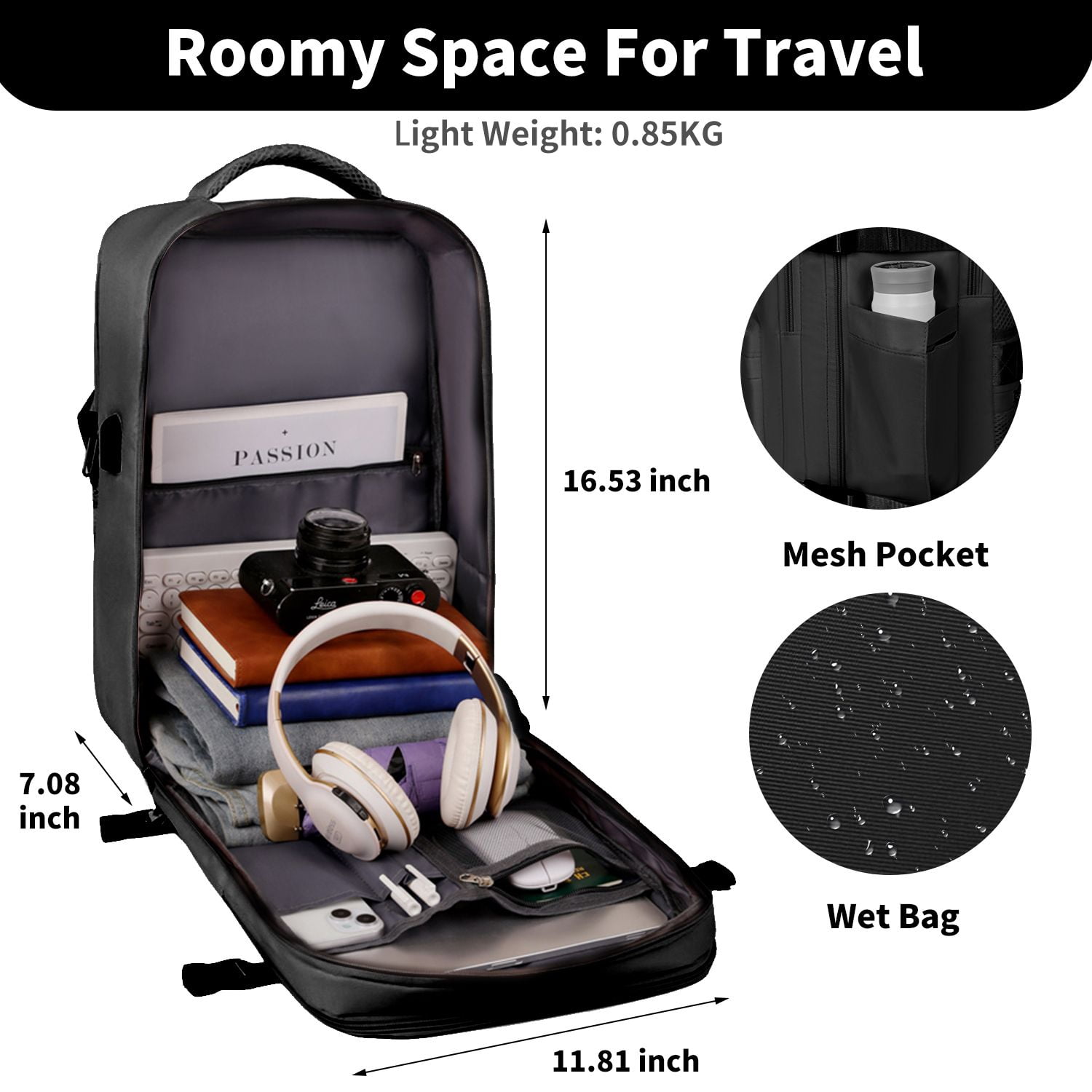 Travel Backpack for Women, 15.6 Inch Laptop Backpack with USB Charging Hole, College Bookbag, Large Capacity Black Computer Backpacks for Work