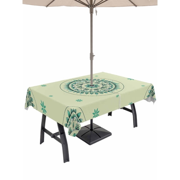 Outdoor Tablecloth with Umbrella Hole for Patio/Picnic/Party/Camping, Green Floral Waterproof Table Cloth Rectangle Table Cover Washable, round Floral Ethnic Abstract Patterned (60"x 120")