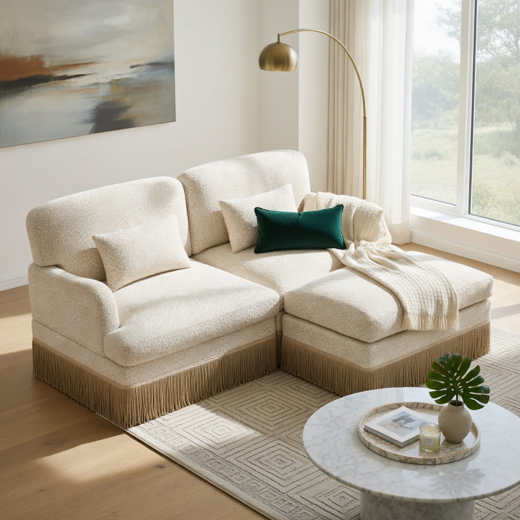 Hommoo Leopard Print Chenille Loveseat Sofa with Movable Ottoman & Tassel Trim, 2-Seat Modern Deep-Seat Couch for Living Room, Beige