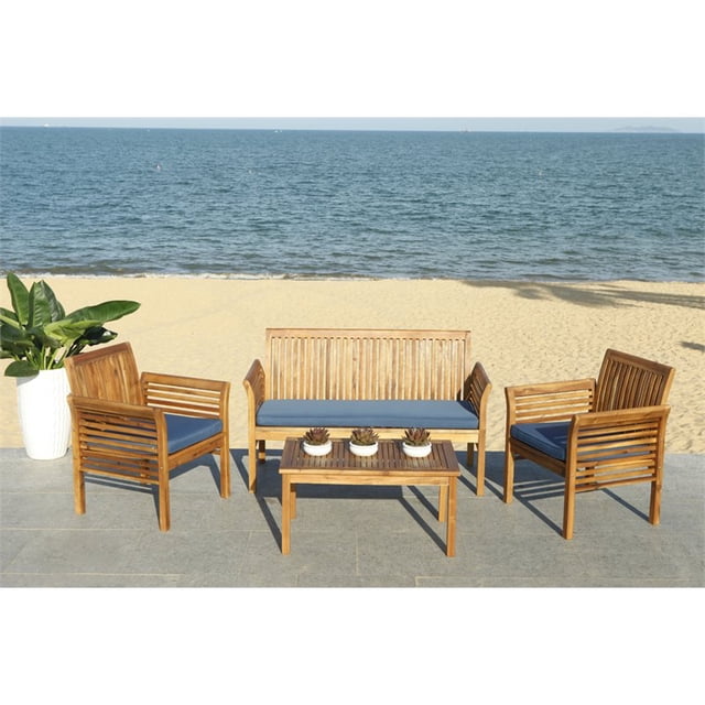 Safavieh Carson Ensemble de Canapé de Patio 4 Pcs en Teck Brun et Bleu Marine
