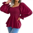 thumbnail image 2 of Blusa Tipo Babydoll de Larga con Cuello Cuadrado, Fruncido, Dobladillo con Volantes y Peplum Fruncido para Mujer. Vino Tinto L, 2 of 10
