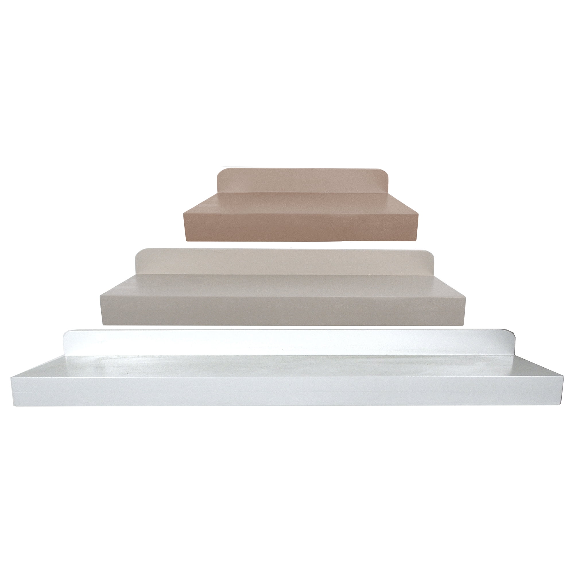 3-Piece Modern Wood Wall Floating Ledge Shelves Set in White, Brown, Grey