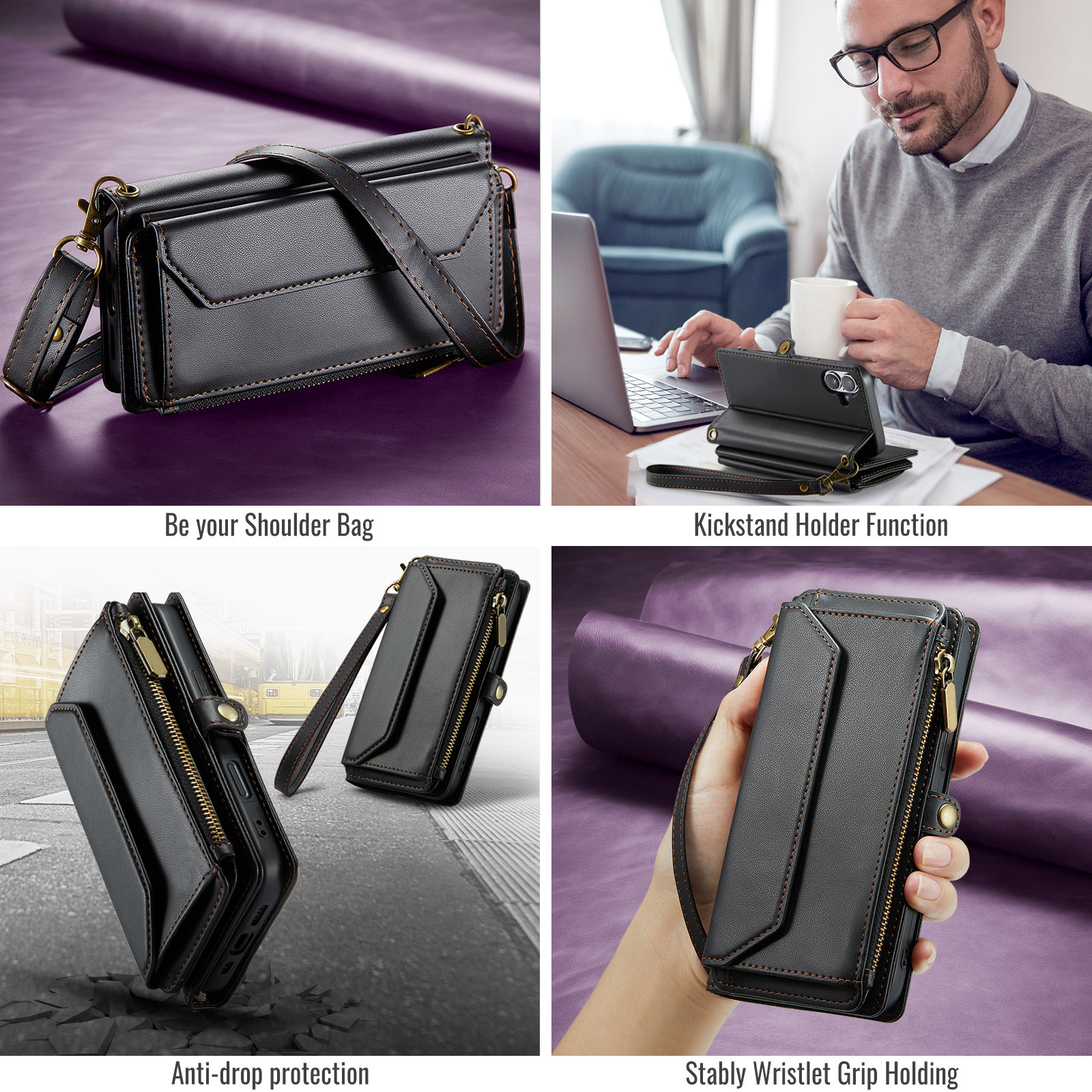 Asuwish Compatible with iPhone 16 6.1 inch Zipper Wallet Phone Case Tempered Glass Screen Protector Crossbody Lanyard Strap Flip Card Holder Slot Cell Cover for i Phone16 i16 16Case Women Girls Black