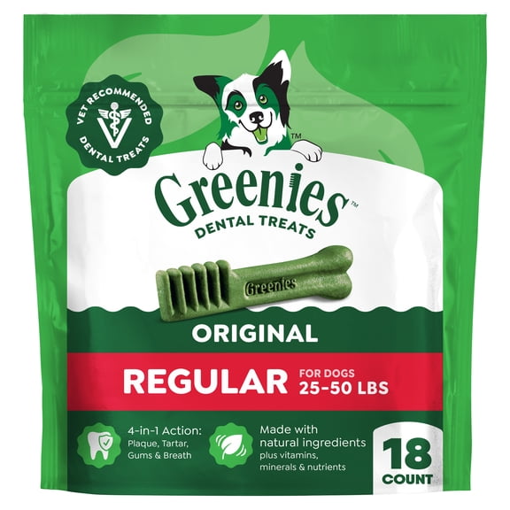 Greenies Original Flavor Adult Natural Dental Dog Treats Regular Size, 18 oz Pack (18 Count)
