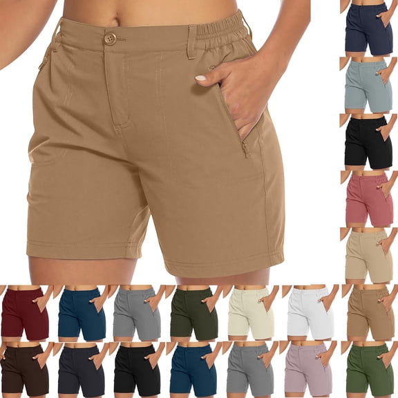 Titcea Cargo Shorts Women Summer Casaul Elastic Waist Solid Color Stretch Running Athletic Shorts with Zipper Pockets Outdoor Trendy Comfy Hiking Shorts