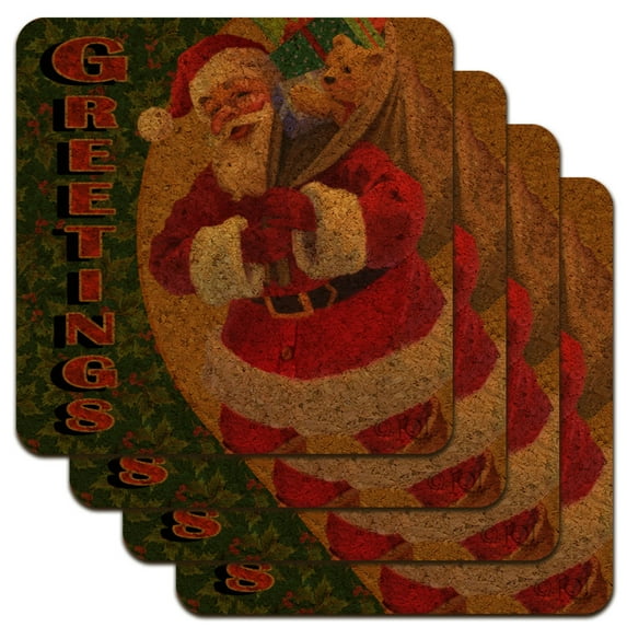 Christmas Holiday Greetings Santa Claus Holly Low Profile Novelty Cork Coaster Set