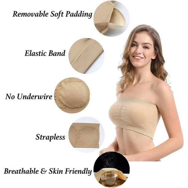 Women's Strapless Bralette,Seamless Bandeau Stretchy Tube Top Bra Padded  Bralette 3/4 Pack