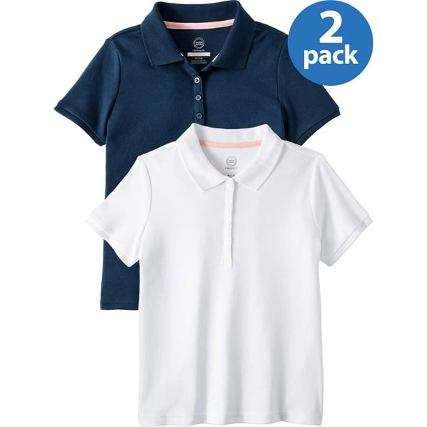 Wonder Nation Girls School Uniform Short Sleeve Interlock Polo Shirt, 2-Pack Value Bundle, Sizes 4-18 - .97